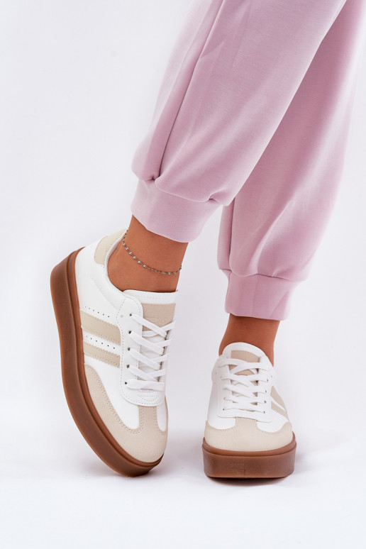 Chaussures modèle baskets Féminin avec une plateforme en cuir écologique beige-couleur blanche Ediriella Chaussures modèle baskets Féminin avec une plateforme en cuir écologique beige-couleur blanche Ediriella