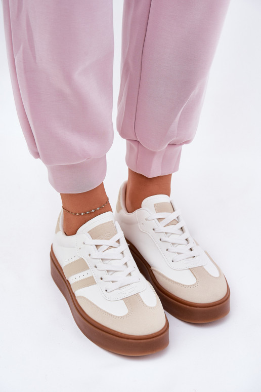 Chaussures modèle baskets Féminin avec une plateforme en cuir écologique beige-couleur blanche Ediriella Chaussures modèle baskets Féminin avec une plateforme en cuir écologique beige-couleur blanche Ediriella