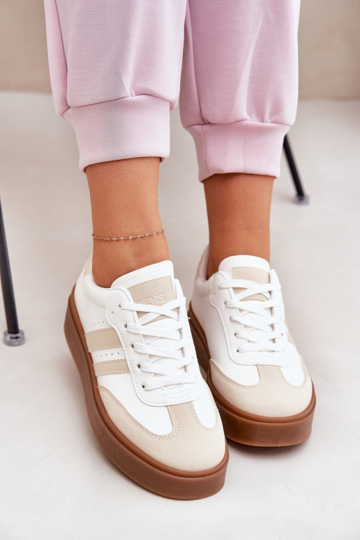 Chaussures modèle baskets Féminin avec une plateforme en cuir écologique beige-couleur blanche Ediriella Chaussures modèle baskets Féminin avec une plateforme en cuir écologique beige-couleur blanche Ediriella