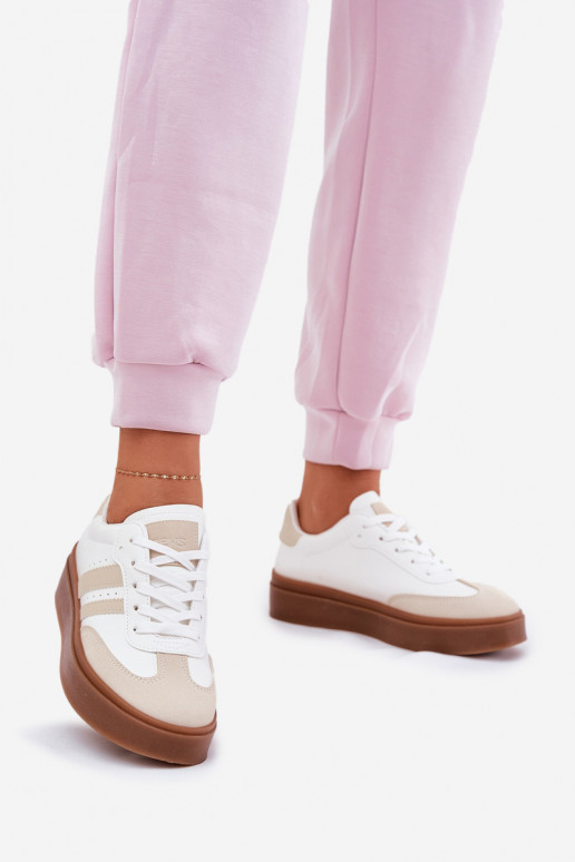 Chaussures modèle baskets Féminin avec une plateforme en cuir écologique beige-couleur blanche Ediriella Chaussures modèle baskets Féminin avec une plateforme en cuir écologique beige-couleur blanche Ediriella