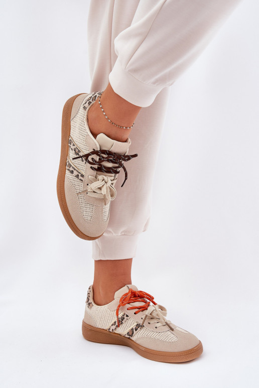 Chaussures modèle baskets Féminin Z PodÀójnym Laçagem avec des motifs en fourrure de léopard beige Ollabes