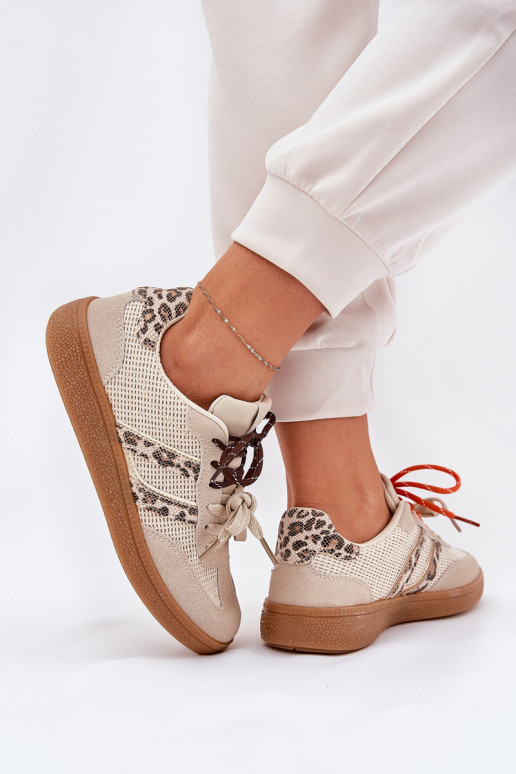 Sneakers Stilvollllschuhe Feminin Z PodZuójnym Schnürungm mit Leopardenfellmuster Beige Ollabes