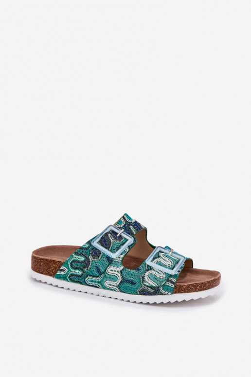 Damenhausschuhe mit Schnallen Und Glitzer S.Barski RB51-006 grüne Farbe Damenhausschuhe mit Schnallen Und Glitzer S.Barski RB51-006 grüne Farbe