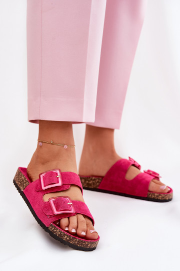 Damenpantoffeln mit Schnallen auf Korksohle in Rosa mit Herzen 2