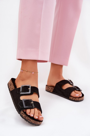 Dames slippers met gespen Op kurken zool zwart met hartjes 2