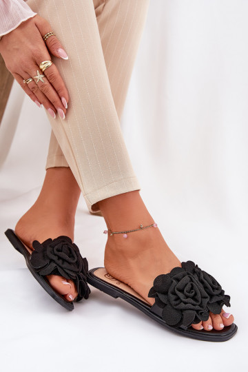 Pantoufles pour femmes avec des talons larges Avec des décorationsi avec des motifs florauxami couleur noire Misorsse