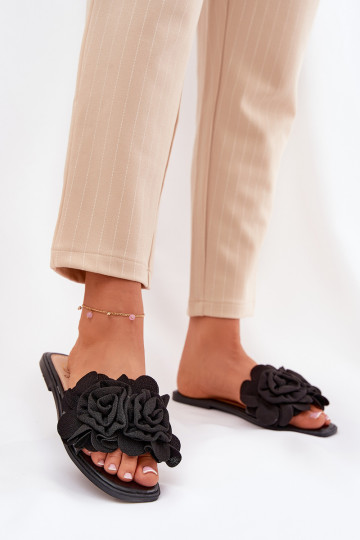 Pantoufles pour femmes avec des talons larges Avec des décorationsi avec des motifs florauxami couleur noire Misorsse 2