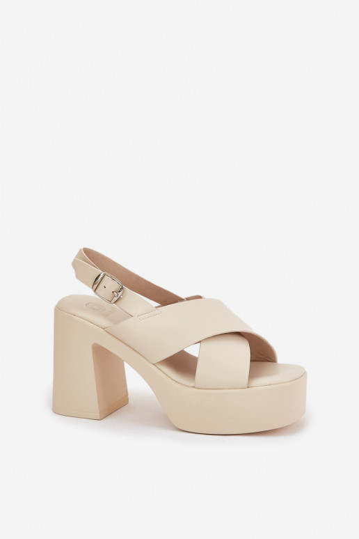 Damen-Sandalen mit hohen Absätzen und Plattform aus Öko-Leder elfenbeinfarbe Annavin