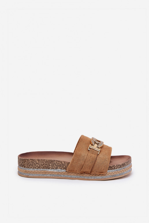 Damespantoffels Ze gouden kleurm Detalem met platform met glans bruine kleur Eanes Damespantoffels Ze gouden kleurm Detalem met platform met glans bruine kleur Eanes