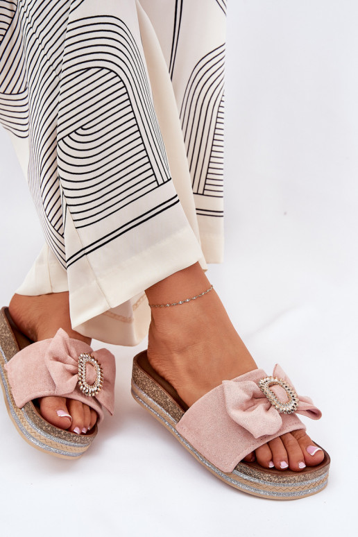 Damespantoffels met platform met linten I Ozdobną Broszką roze Lenela Damespantoffels met platform met linten I Ozdobną Broszką roze Lenela