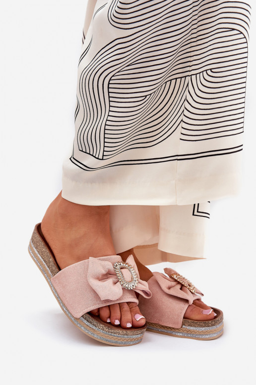 Damespantoffels met platform met linten I Ozdobną Broszką roze Lenela Damespantoffels met platform met linten I Ozdobną Broszką roze Lenela