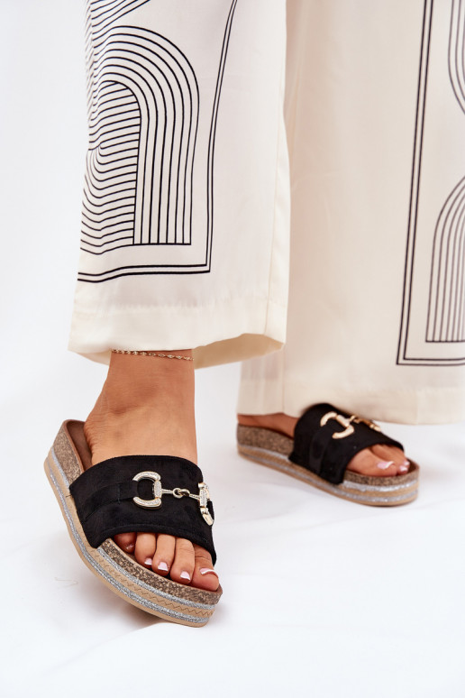 Pantoufles pour femmes avec une plateforme avec des détails dorés Et des paillettes couleur noire Morisela Pantoufles pour femmes avec une plateforme avec des détails dorés Et des paillettes couleur noire Morisela