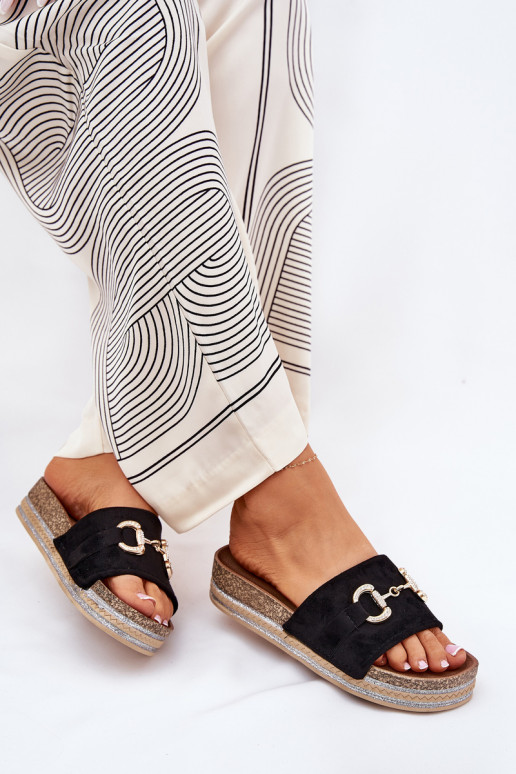 Damenhausschuhe mit einer Plattform mit goldenen Details Und Glitzer schZuarze Farbe Morisela Damenhausschuhe mit einer Plattform mit goldenen Details Und Glitzer schZuarze Farbe Morisela