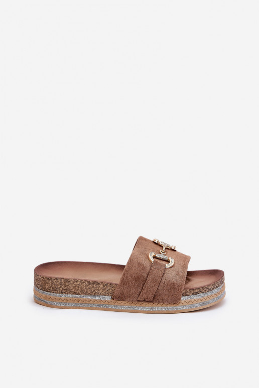 Damespantoffels met platform met gouden details En glitter kaki kleuren Morisela Damespantoffels met platform met gouden details En glitter kaki kleuren Morisela