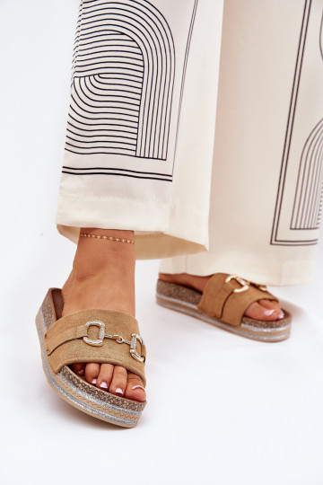 Damen-Pantoletten mit Plattform, goldenen Details und Glitzer in Braun Morisela