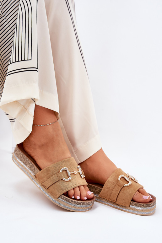 Damespantoffels met platform met gouden details En glitter bruine kleur Morisela Damespantoffels met platform met gouden details En glitter bruine kleur Morisela