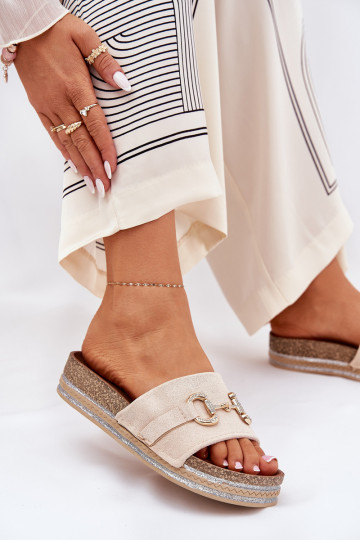 Pantoufles pour femmes avec une plateforme avec des détails dorés Et des paillettes beige Morisela