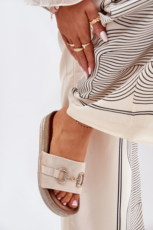 Damespantoffels met platform met gouden details En glitter beige Morisela Damespantoffels met platform met gouden details En glitter beige Morisela