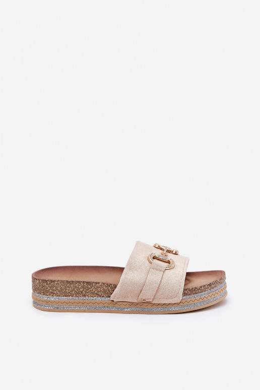 Pantoufles pour femmes avec une plateforme avec des détails dorés Et des paillettes beige Morisela Pantoufles pour femmes avec une plateforme avec des détails dorés Et des paillettes beige Morisela