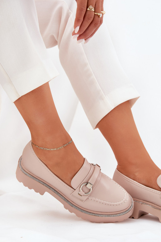 Mokassins für Damen Dekoriert Cyrkoniami Beige Patina