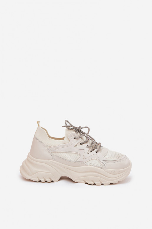 Chaussures modèle baskets Féminin avec une plateforme Ozdobnym Laçagem beige Evalianne Chaussures modèle baskets Féminin avec une plateforme Ozdobnym Laçagem beige Evalianne
