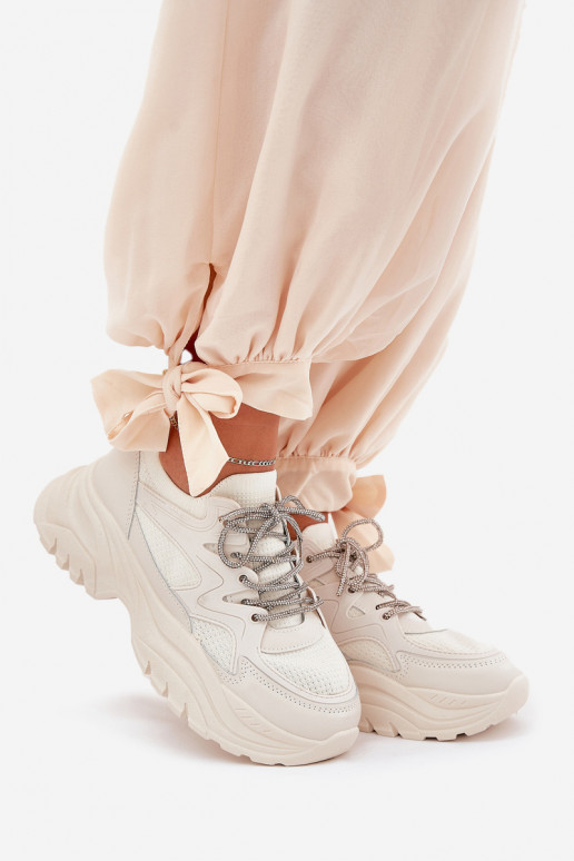 Chaussures modèle baskets Féminin avec une plateforme Ozdobnym Laçagem beige Evalianne Chaussures modèle baskets Féminin avec une plateforme Ozdobnym Laçagem beige Evalianne