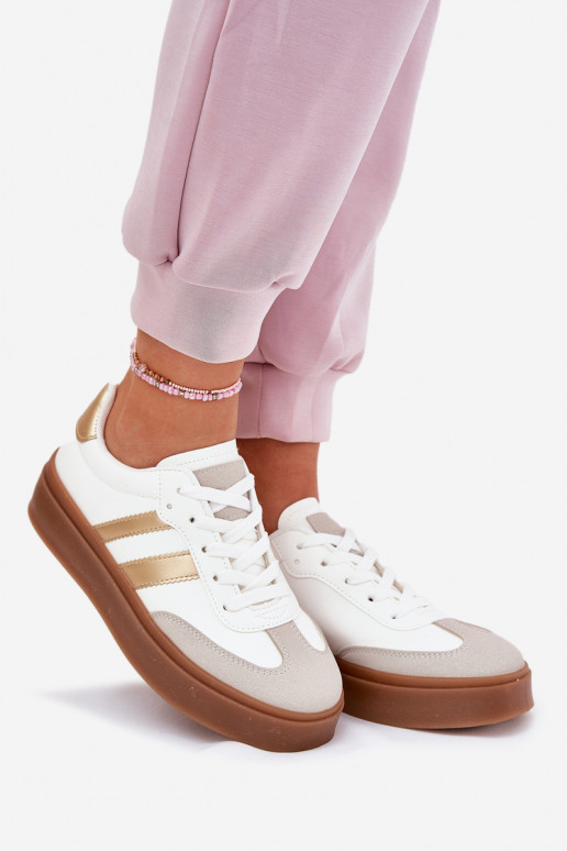 Sneakers Stilvollllschuhe Feminin mit einer Plattform aus Öko-Leder INeiß-goldene Farbe Elaraven