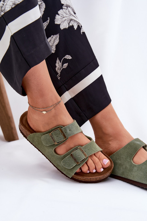 INildleder-Hausschuhe für Damen mit Schnallen Big Star RR274A393 grüne Farbe INildleder-Hausschuhe für Damen mit Schnallen Big Star RR274A393 grüne Farbe