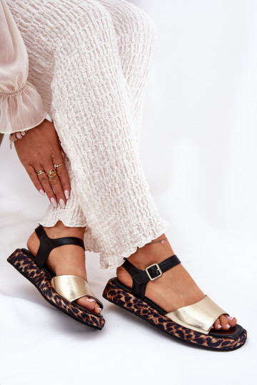 Sandalen Haut Feminin mit einer Plattform und Schriften S.Barski JC51-347 goldene Farbe