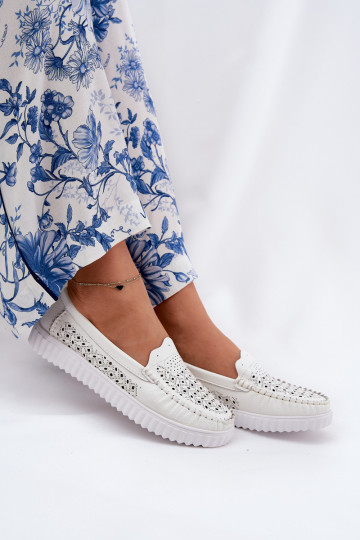 Leder Weiße Damen Mokassins mit Durchbrüchen Vinceza 88028