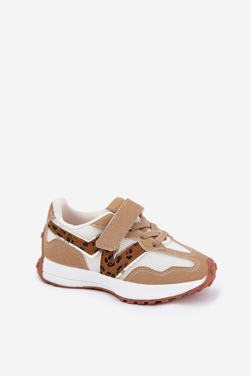 Chaussures modèle baskets Puéril avec attaches adhésives avec des motifs en fourrure de léopard beige Tezzu