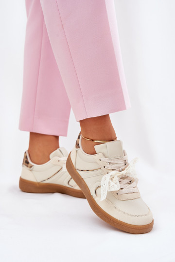 Baskets basses pour femmes avec lacets et motifs en fourrure de léopard couleur sable Zielle