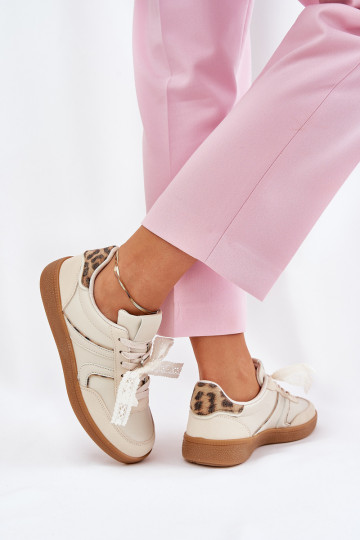 lage sneakers model schoenen dames met veters en luipaardprint zandkleurig Zielle 2