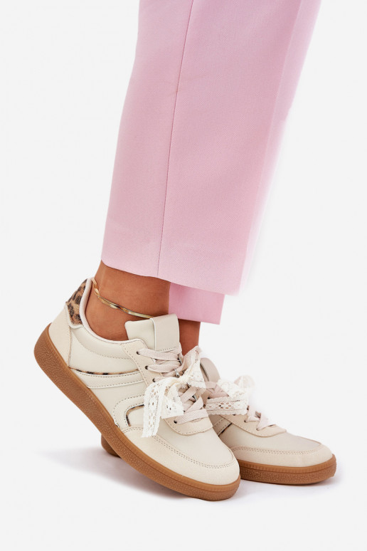 lage sneakers model schoenen dames met veters en luipaardprint zandkleurig Zielle lage sneakers model schoenen dames met veters en luipaardprint zandkleurig Zielle