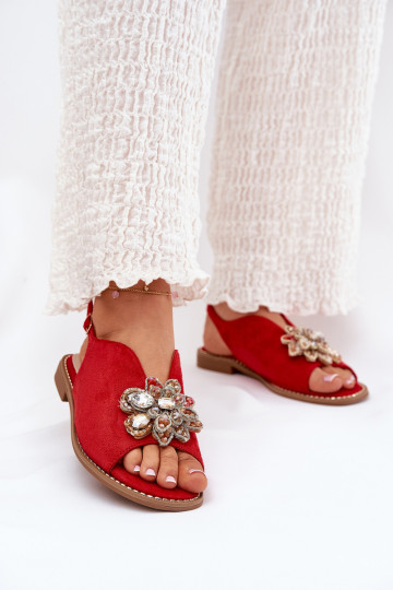 Damensandalen mit breiten Absätzen mit Ornamenten S.Barski KV27-001 rote Farbe 2