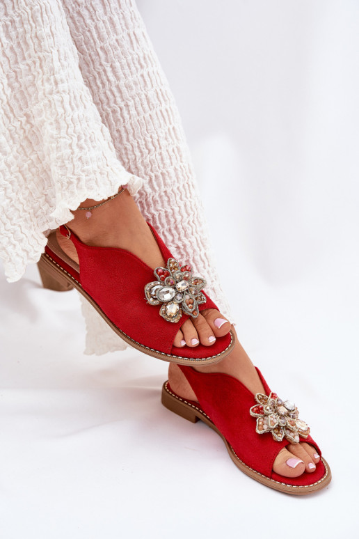 Dames sandalen met brede hakken met ornamenten S.Barski KV27-001 rood