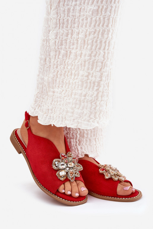 Dames sandalen met brede hakken met ornamenten S.Barski KV27-001 rood