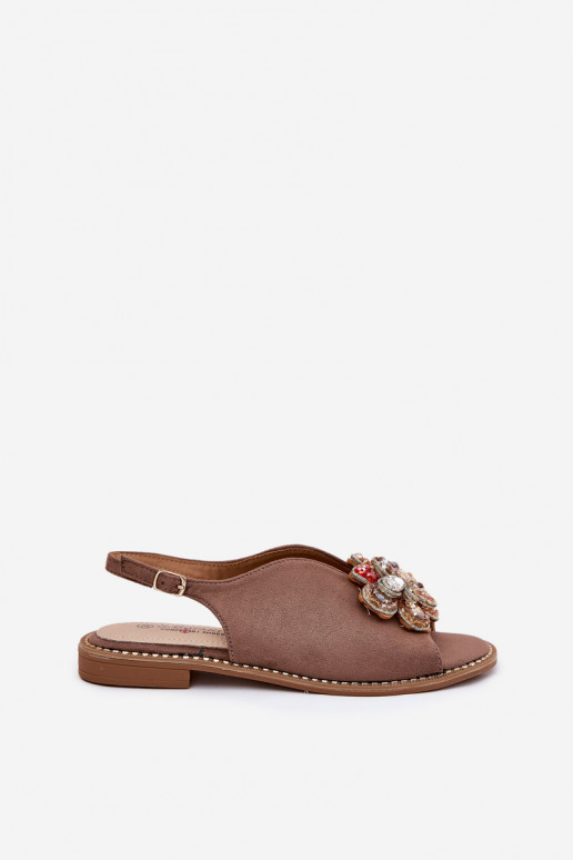 Dames sandalen met brede hakken met ornamenten S.Barski KV27-001 beige