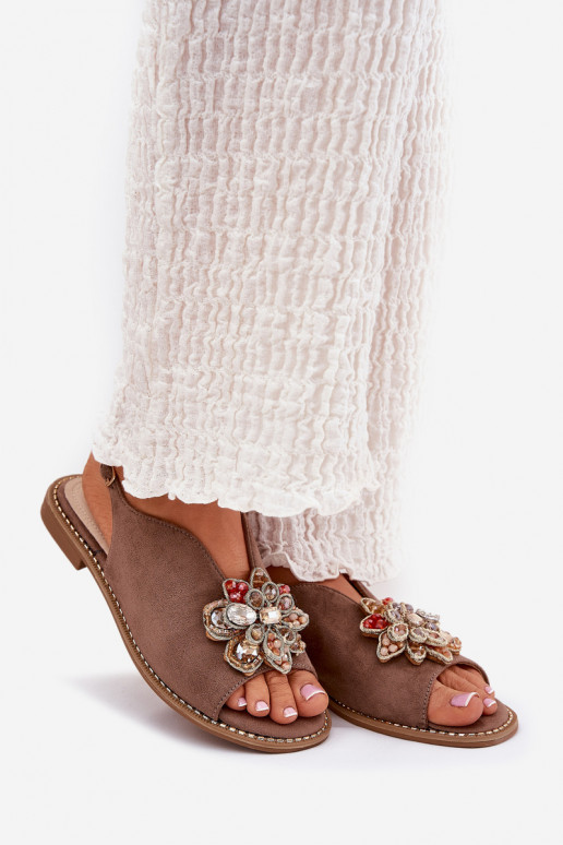 Damensandalen mit breiten Absätzen mit Ornamenten S.Barski KV27-001 Beige