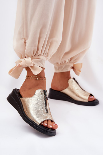 Damen Pantoletten mit Absatz und Schleifen in Gold