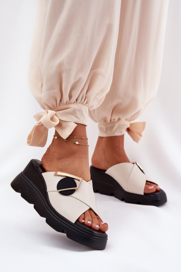 Eleganter Stil Lederhausschuhe Feminin Auf einem Keil mit Ornamenten Artiker 56C1585 Beige 2