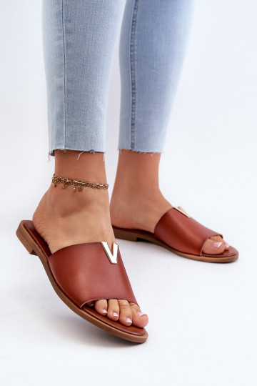 Dames slippers van synthetisch leer met brede hakken in bruin Tai turiliha