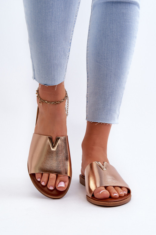 Damenhausschuhe Eko Haut mit breiten Absätzen goldene Farbe Es mussliha