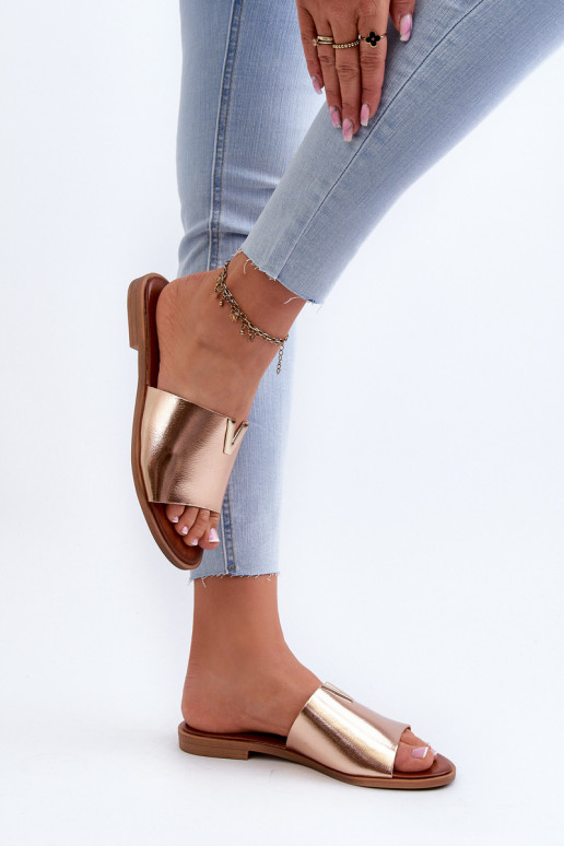 Pantoufles pour femmes Eko Peau avec des talons larges couleur dorée Il fautliha