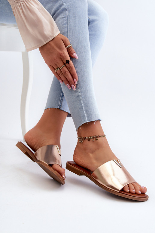 Pantoufles pour femmes Eko Peau avec des talons larges couleur dorée Il fautliha