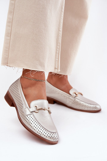 Leer dames mocassins met ornamenten met brede hakken S.Barski LR51-594 zilvere kleur