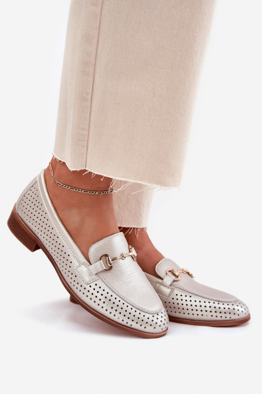 Haut Mokassins für Damen mit Ornamenten mit breiten Absätzen S.Barski LR51-594 Silberfarbe