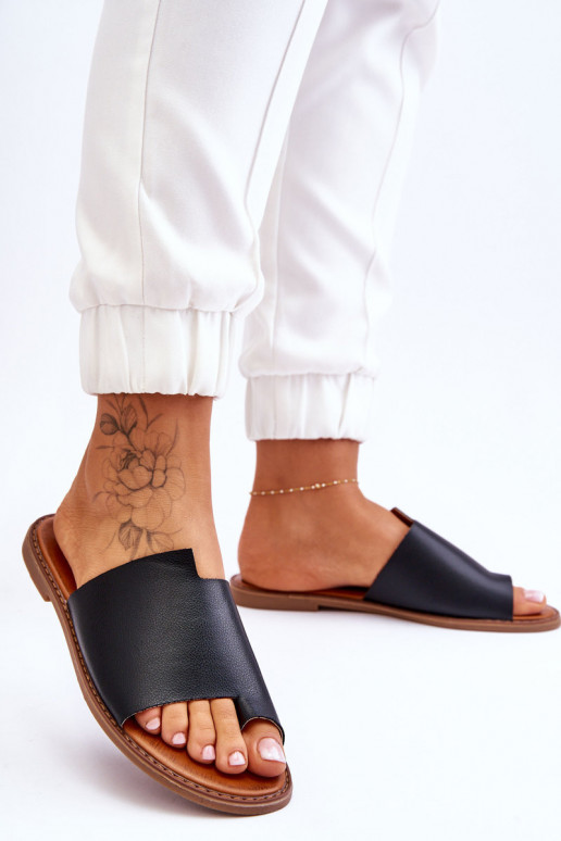 Féminin Pantoufles en cuir Chaussons couleur noire Amite Féminin Pantoufles en cuir Chaussons couleur noire Amite