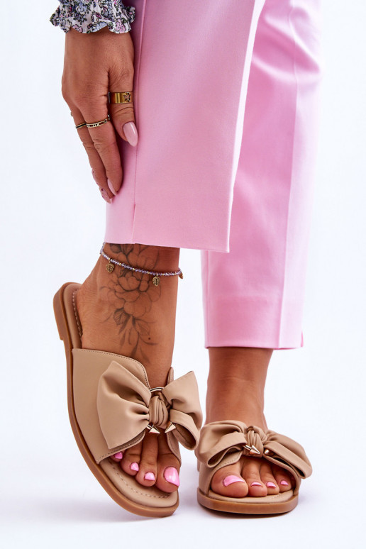 Dames Leren pantoffels met linten beige Becky Dames Leren pantoffels met linten beige Becky