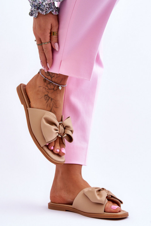 Dames Leren pantoffels met linten beige Becky Dames Leren pantoffels met linten beige Becky